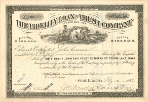 Fidelity Loan and Trust Co. of Storm Lake, Iowa - Banking Stock Certificate